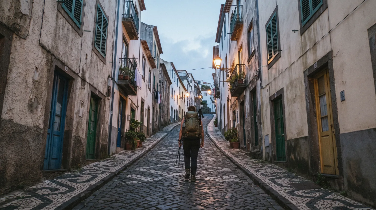 A colourful budget street in Funchal old town, Madeira, showing cheap hotels and guesthouses in Madeira