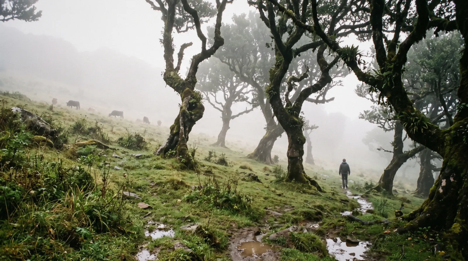 Fanal Forest in Madeira, Portugal, with old twisted Til trees in a foggy mountain meadow