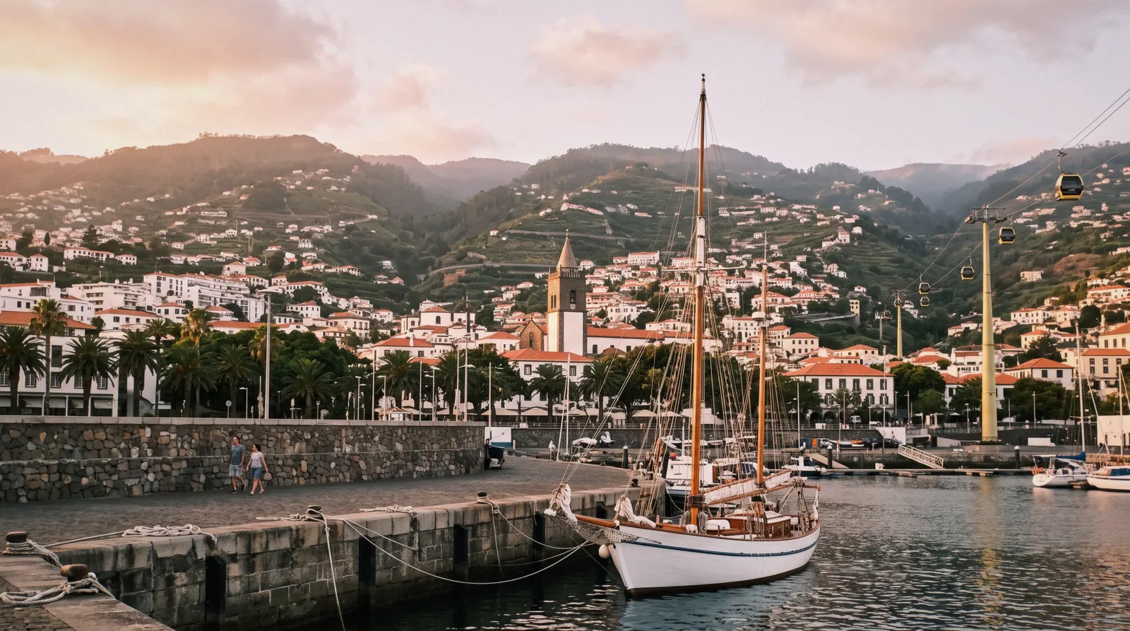 The Funchal, Madeira waterfront seen from the sea, with the city rising from the flat lower town into the hills above