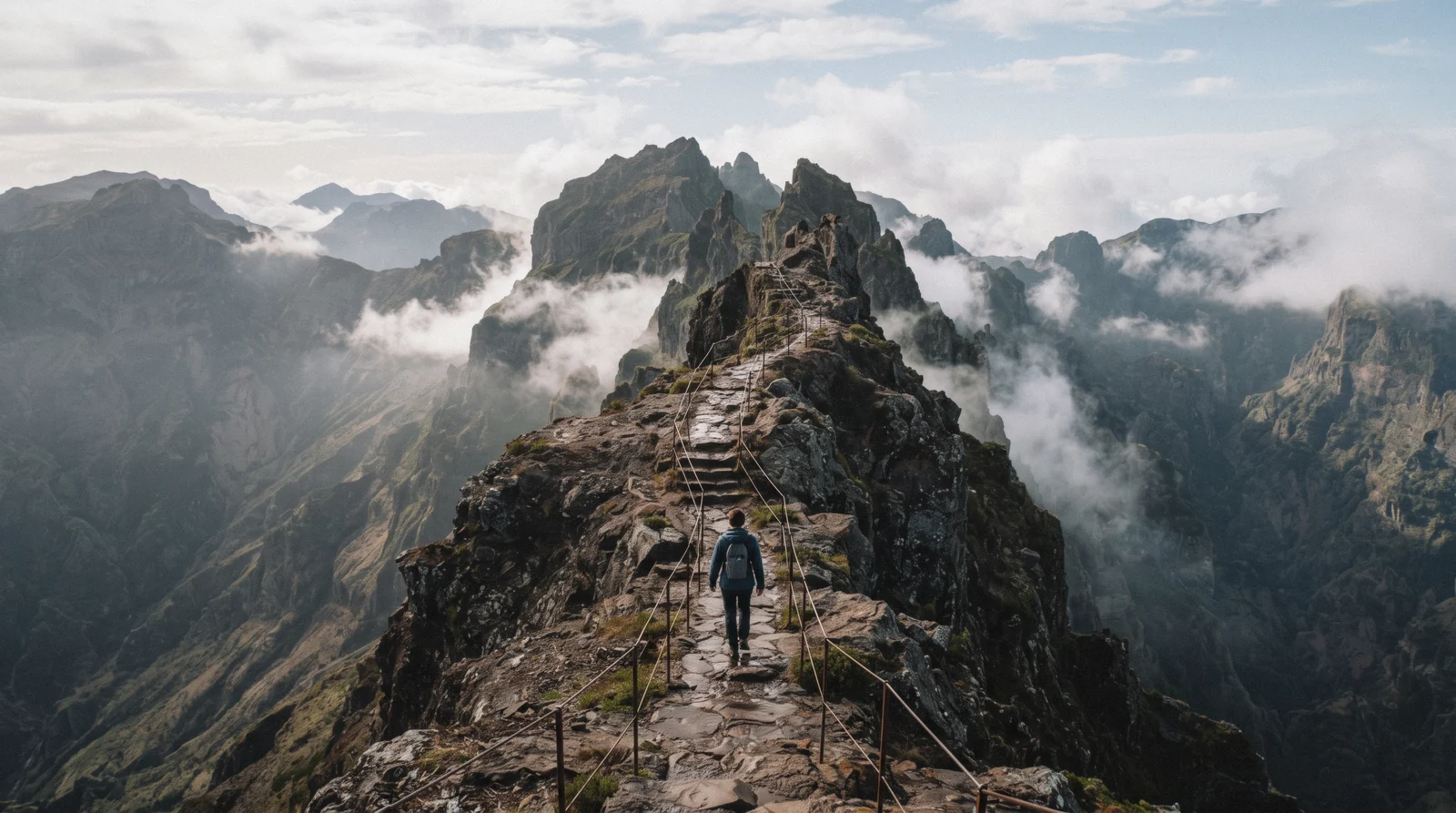Walkers on a narrow ridge path between the central peaks of Madeira, typical of the island's most photographed Madeira hikes