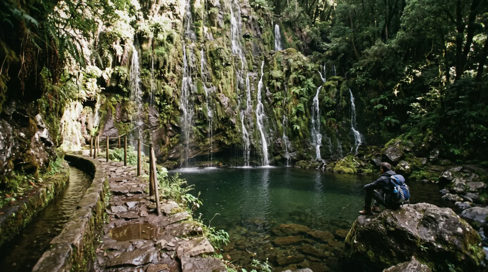 Walkers small on the narrow path beside the Levada das 25 Fontes channel above the Rabaçal valley, Madeira