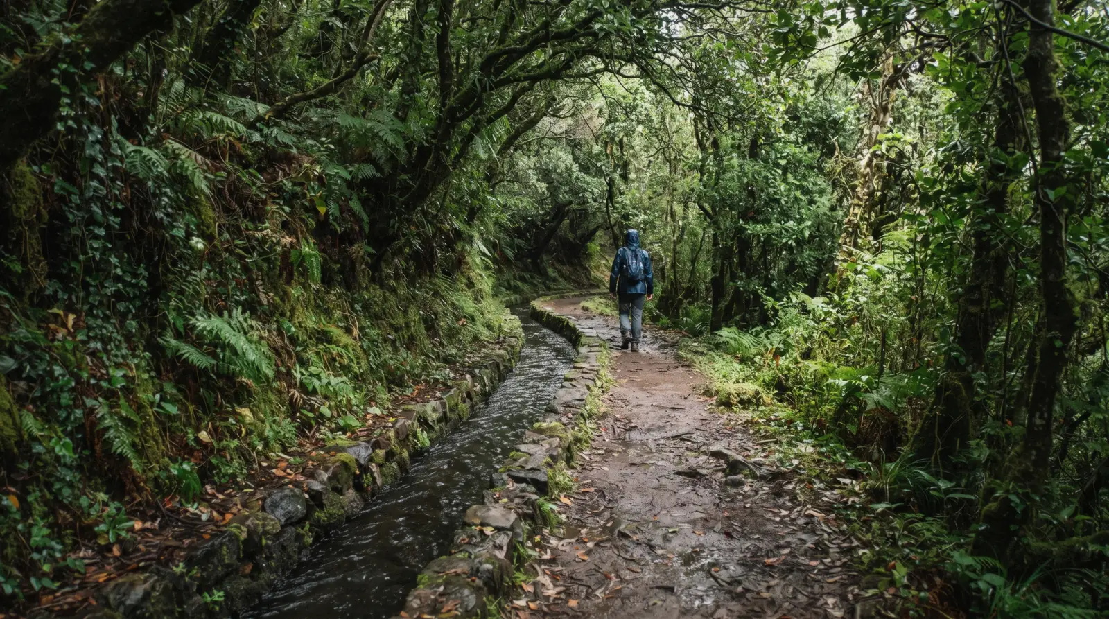 The Levada do Rei water channel running through laurel forest on the PR18 trail in Madeira, Portugal