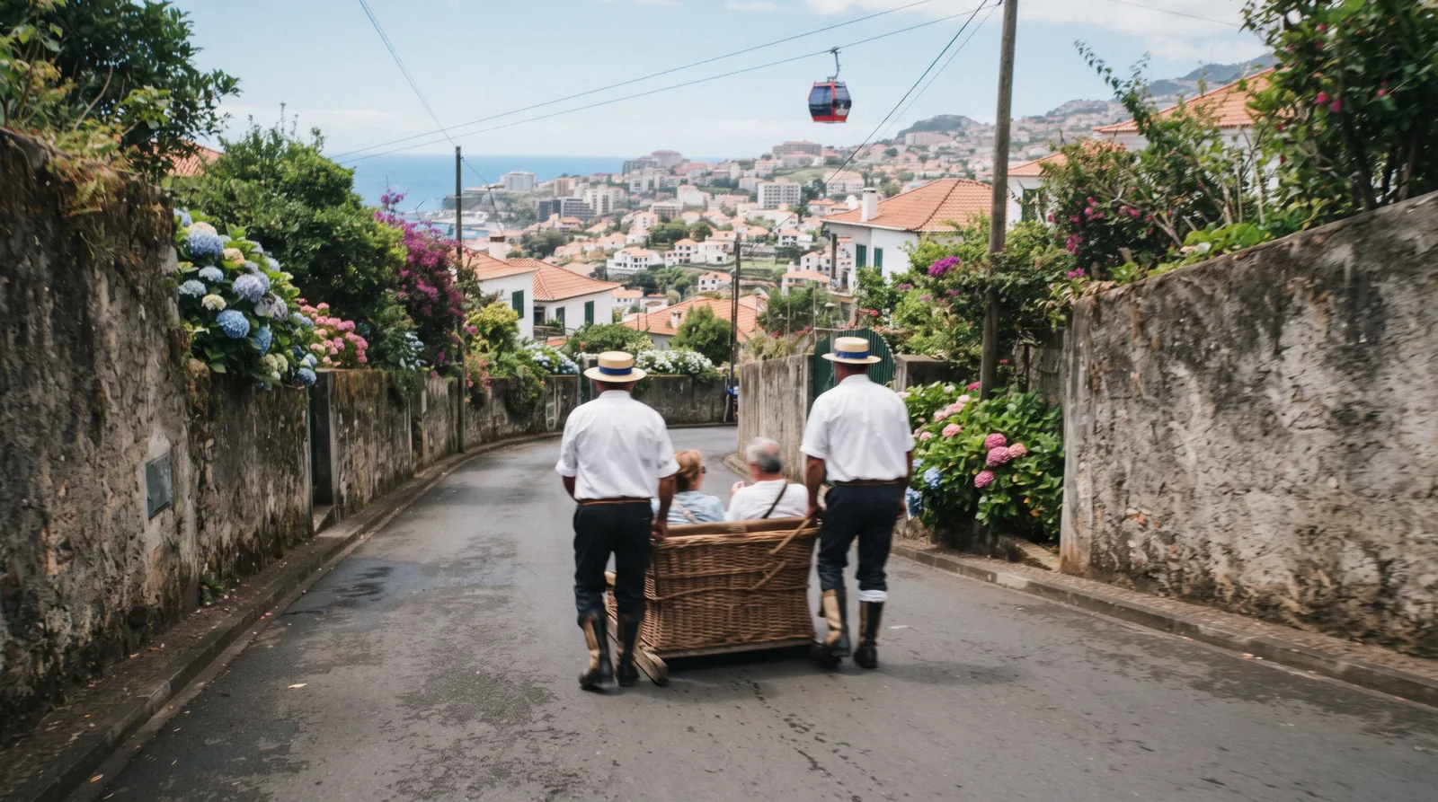 Wicker toboggan baskets and the cable car on the Monte hill in Funchal, Madeira, Portugal