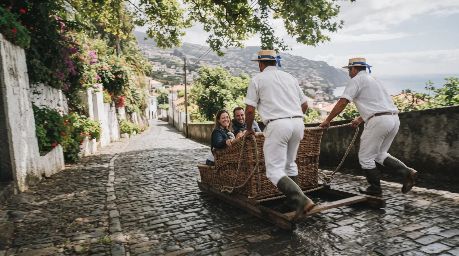 Two carreiros steering a wicker basket sledge down a paved street during the Monte toboggan ride in Madeira
