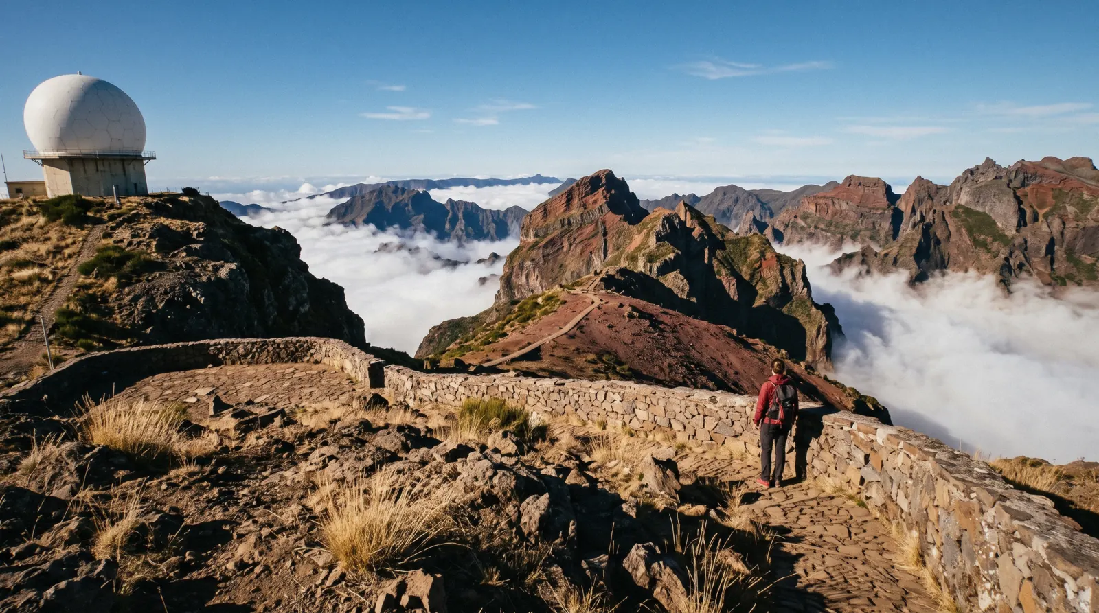 Jagged volcanic ridges and a sea of cloud seen from the summit of Pico do Arieiro, Madeira, in late afternoon light