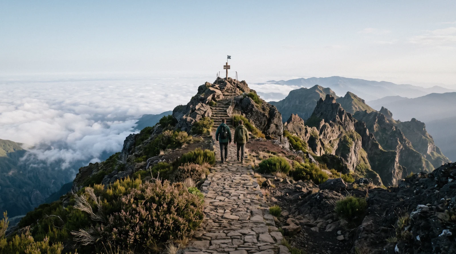 Hikers small on the stone path below the summit of Pico Ruivo above a sea of cloud, the highest peak of Madeira