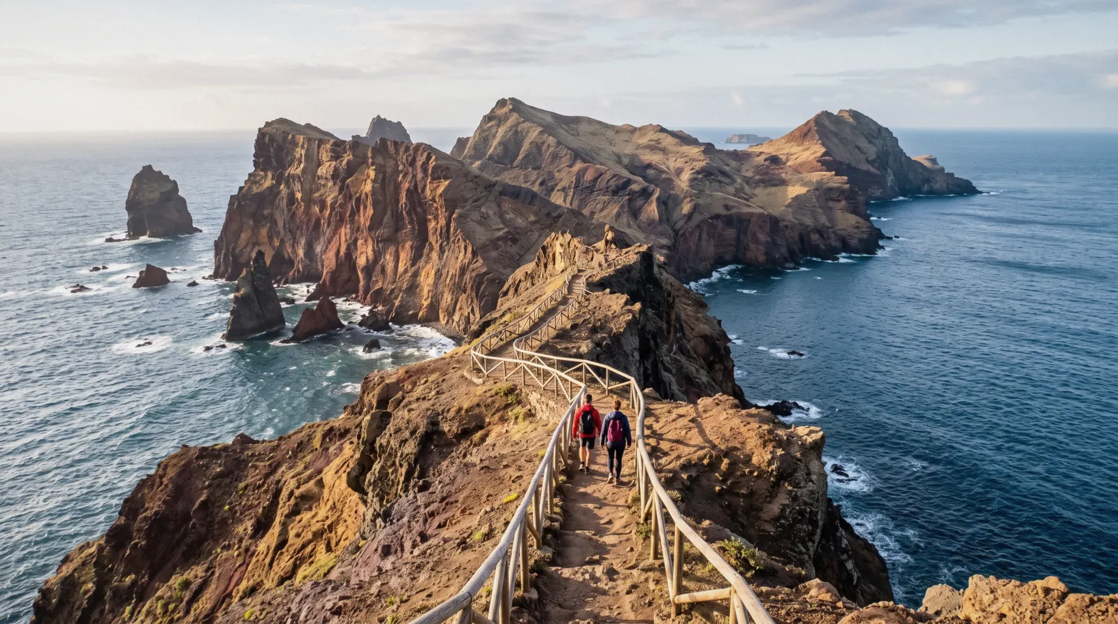 The dry golden ridge of Ponta de São Lourenço in eastern Madeira with the trail winding toward Cais do Sardinha and the sea on both sides
