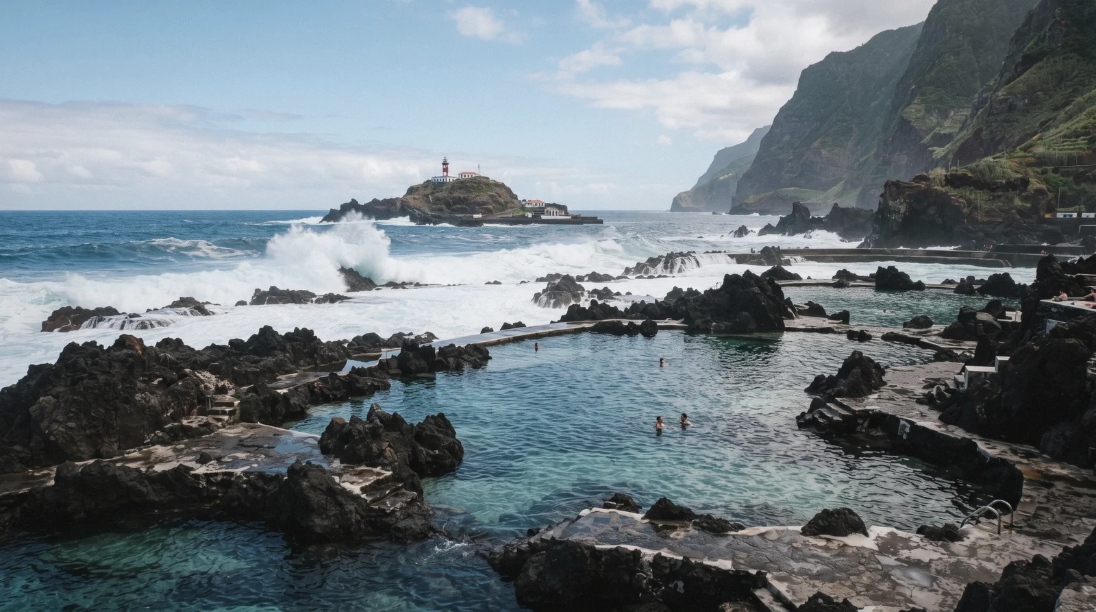 Porto Moniz natural pools with lava rock formations on the north coast of Madeira, Portugal