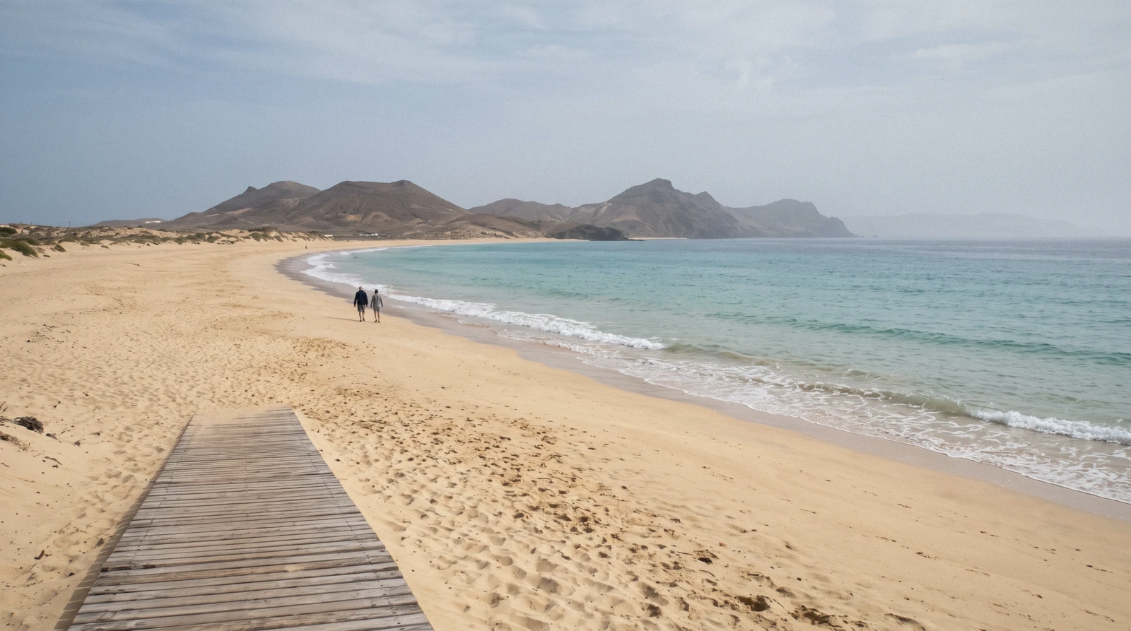 The nine kilometre sandy beach of Porto Santo island seen from above, Madeira archipelago, Portugal
