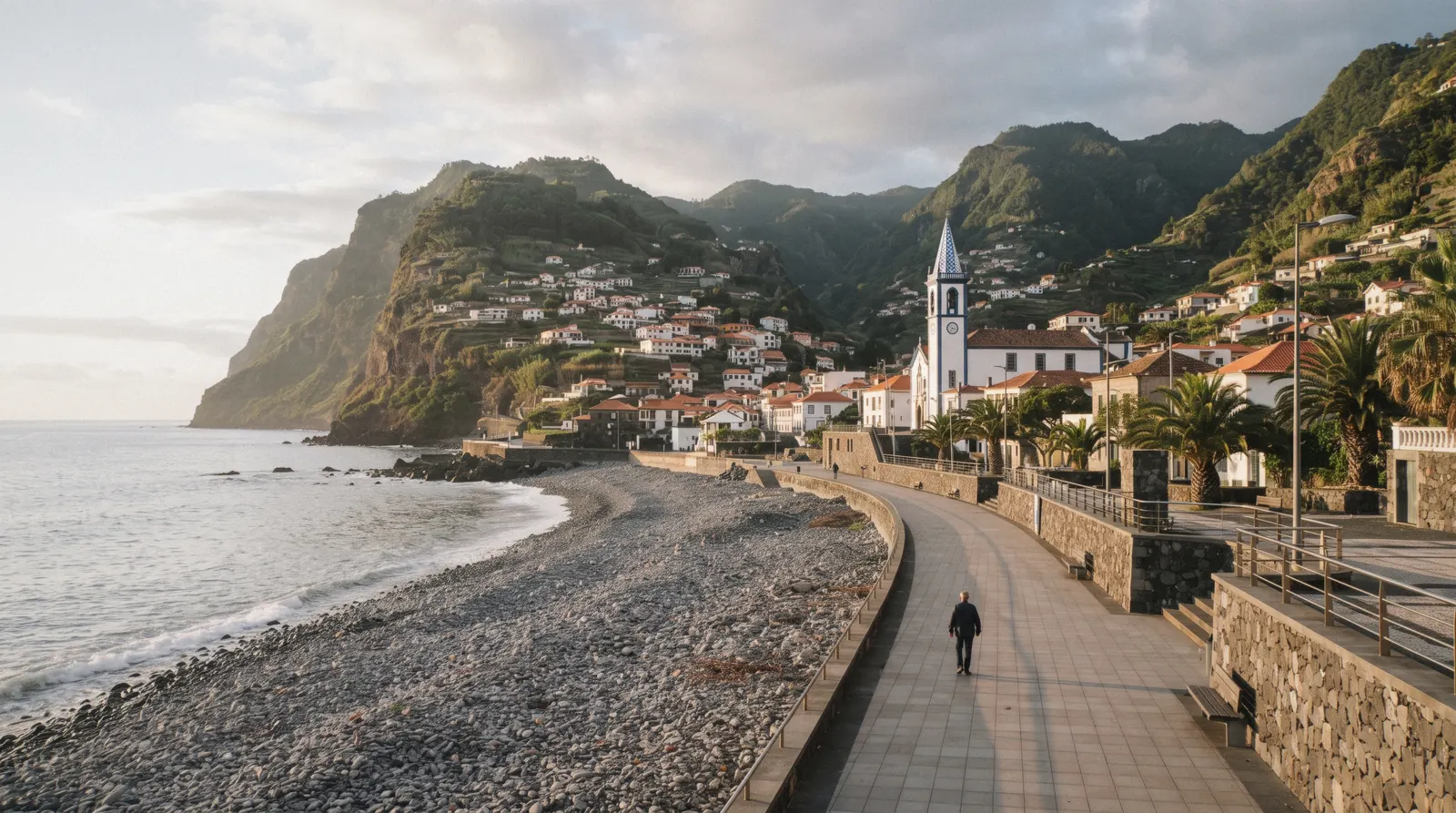 The seafront of Ribeira Brava, Madeira, Portugal, with the stream mouth and the town below the mountains