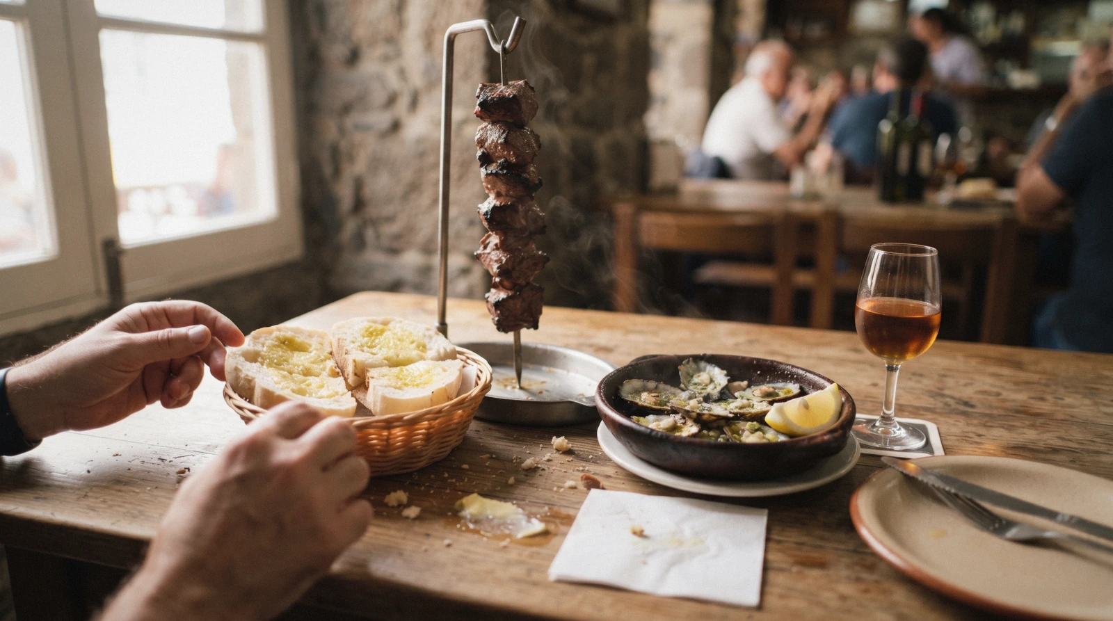 A bay laurel skewer of espetada, bolo do caco bread and grilled limpets on a tavern table, traditional Madeira food in Funchal, Madeira